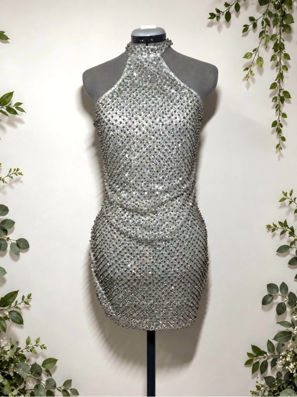 Oh Polly micro bead and metallic stud Silver Halter Mini Dress